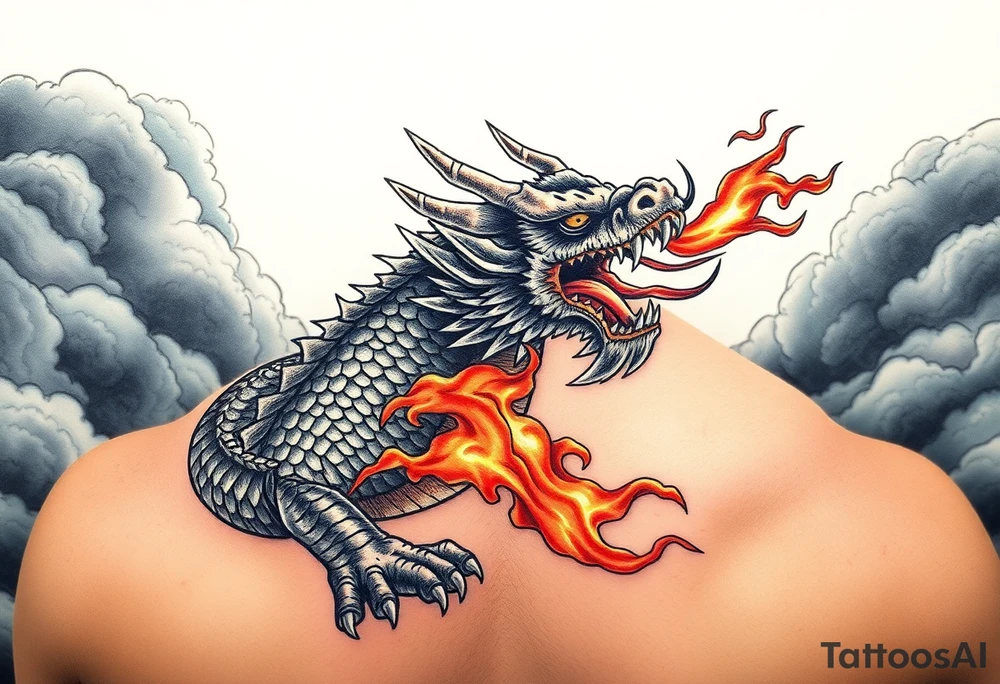 fierce dragon breathing iridescent fire against stormy skies tattoo idea