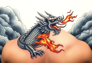 fierce dragon breathing iridescent fire against stormy skies tattoo idea