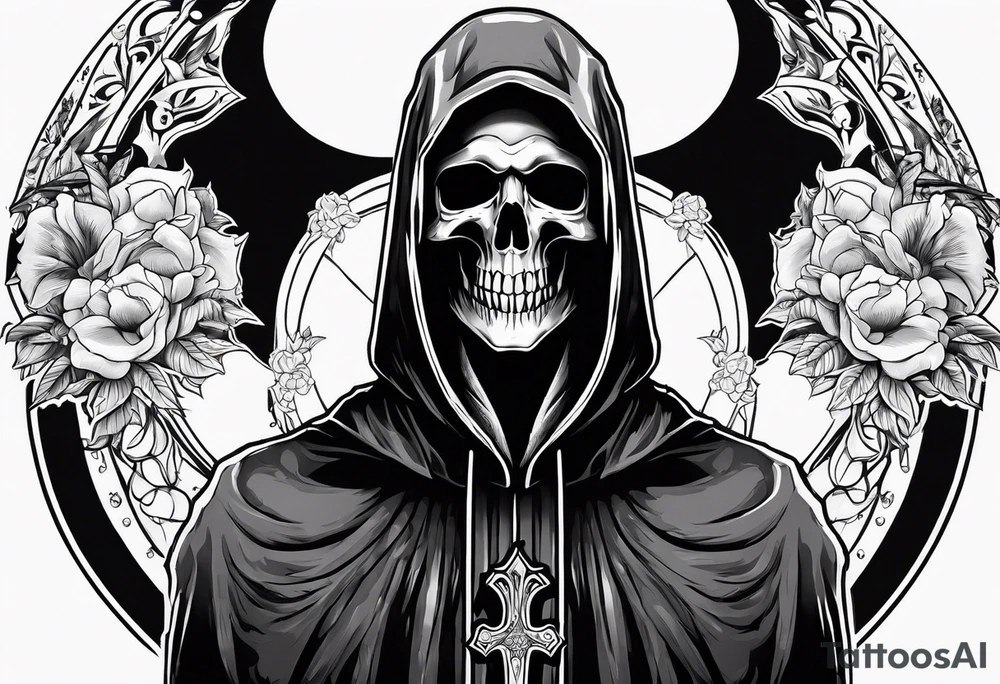 grim reaper with his hood off and a halo above his head tattoo idea