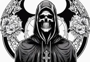 grim reaper with his hood off and a halo above his head tattoo idea