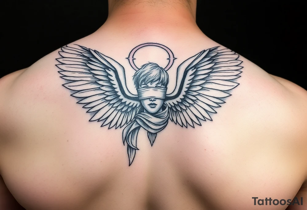 Dante Mikha'el angel who has grateful 4 wings scattered in the sky, 
Whitc shaining halo and blindfold tattoo idea