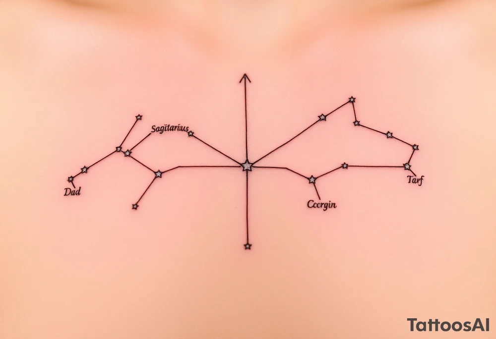 The tattoo idea is a personalized family constellation where each star represents a family member, showing how everyone is connected even across different branches. At the center, you (Sagittarius, Kaus Australis) and your older brother (Aries, Hamal) stand as the link between both sides. On the left, your dad (Capricorn, Deneb Algedi) and your half-brother on his side (Scorpio, Antares) form a shape like an arrow pointing toward the center, symbolizing strength and direction. On the right, your mom (Libra, Zubenelgenubi), your half-brother (Gemini, Castor), and your half-sister (Cancer, Tarf) create a balance-like shape representing harmony and protection. Thin lines connect the stars to form a single constellation, with you and your older brother as the central stars joining both worlds. The design could include just the stars, their names, zodiac symbols, or coordinates in a fine-line, black-ink style, expressing balance, connection, and the eternal bond uniting every member of your family. tattoo idea