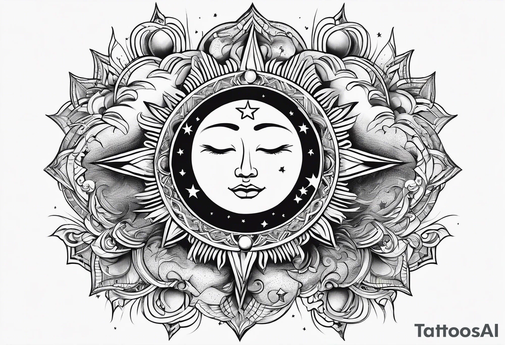 Sun moon and stars without facial features tattoo idea