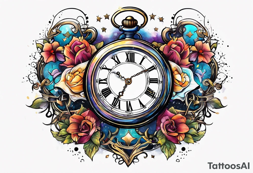 broken pocket watch galaxy tattoo idea