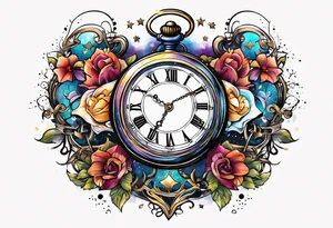 broken pocket watch galaxy tattoo idea