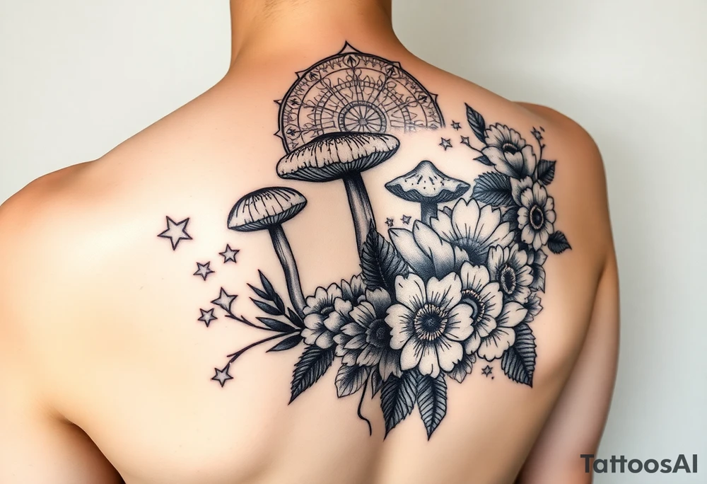 Could you possible make me a cool nature tattoo with mushrooms crystals  flowers mandala boho but colorful and psychedelic colorful too that would wrap from front of hip around side to mid back to cover an existing one I have incorporating the stars I have already and only covering some going with shape of curves of female body wrapping from front of hip around side to back tattoo idea