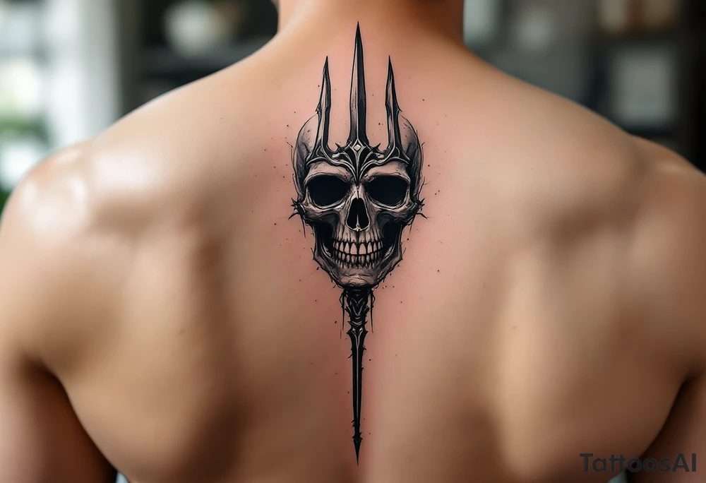 skeleton face behind trident tattoo idea