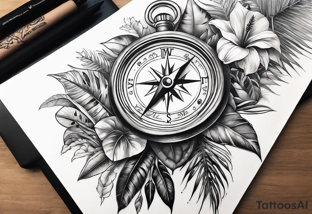 full arm sleeve tattoo with jungle plants and compass tattoo idea