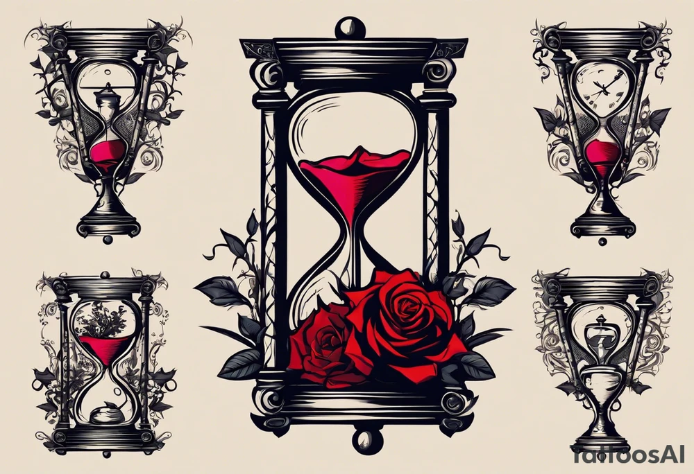 I want a tattoo-inspired design for a t-shirt that features a striking hourglass with a hand clock in the center, where the clock numbers are Amazigh numerals. The hourglass should have a bold, detailed look, with sharp lines and shading. Thorny roses should wrap tightly around the hourglass, with their vines and thorns creating a sense of depth and movement. Planets and stars should be incorporated in a way that they appear to orbit or emerge from behind the hourglass, giving the design a cosmic, timeless feel. The overall aesthetic should be bold and detailed, similar to blackwork tattoo designs, with a mix of natural and celestial elements."
black and whit design tattoo idea