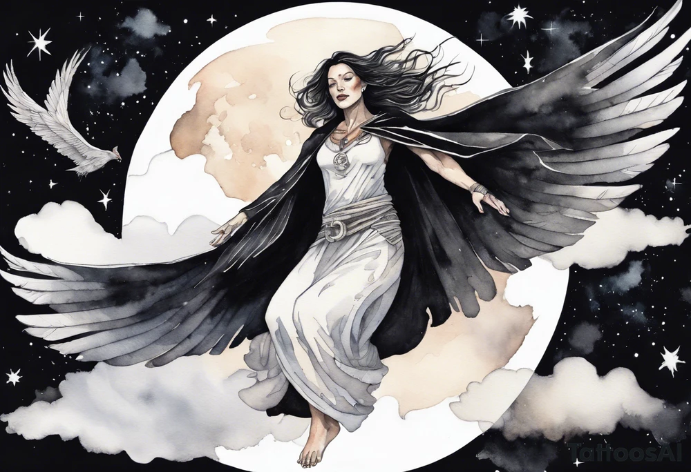 a beautiful 45 year old woman flying in the night sky with black wings, wearing a black and white cloak, bare feet tattoo idea