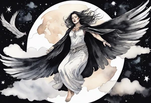 a beautiful 45 year old woman flying in the night sky with black wings, wearing a black and white cloak, bare feet tattoo idea