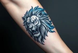 Powerful, fierce stoic lions head, whose mane turns into blue flames that swirl up my arm with blue embers tattoo idea