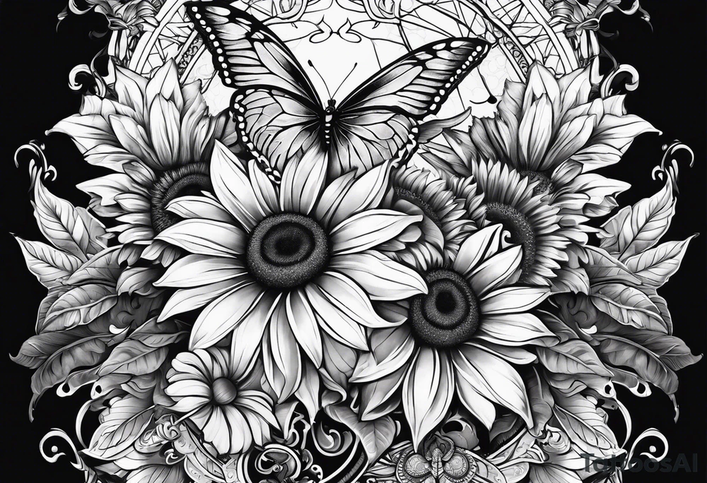 Arm sleeve with Winged cross with sunflower and butterflies tattoo idea