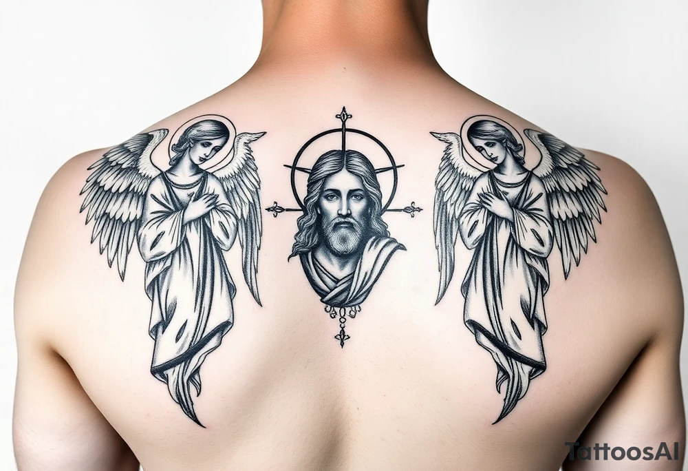 russian orthodox symmetrical guardian angel icon on left and right side of back with both angels holding up a jesus potrait tattoo idea