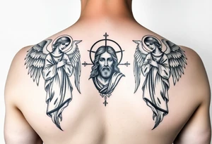 russian orthodox symmetrical guardian angel icon on left and right side of back with both angels holding up a jesus potrait tattoo idea