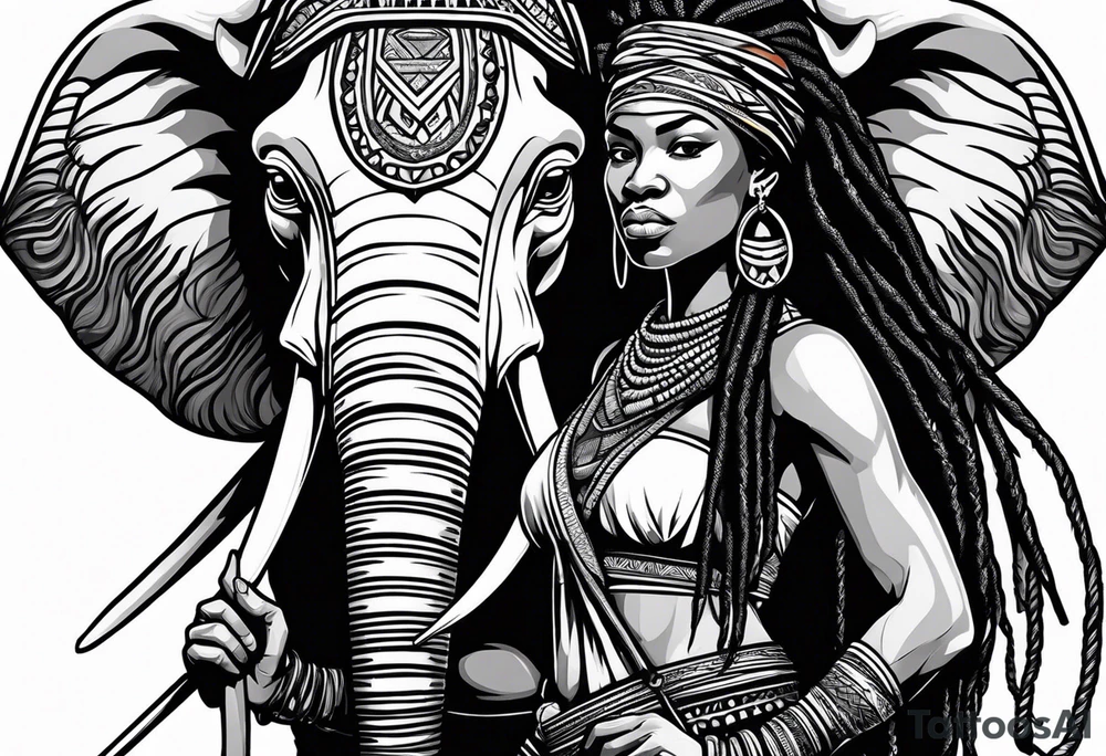 African woman warrior with dreadlocks, holding a spear with elephant in a background tattoo idea