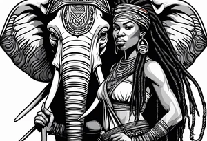 African woman warrior with dreadlocks, holding a spear with elephant in a background tattoo idea