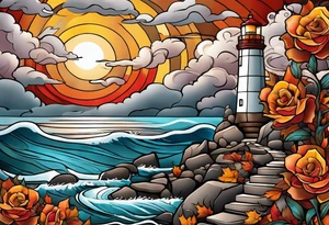 thigh tattoo in fall colors, showing lighthouse, water flow around rocks, sky, clouds, leaves, roses and no trees tattoo idea