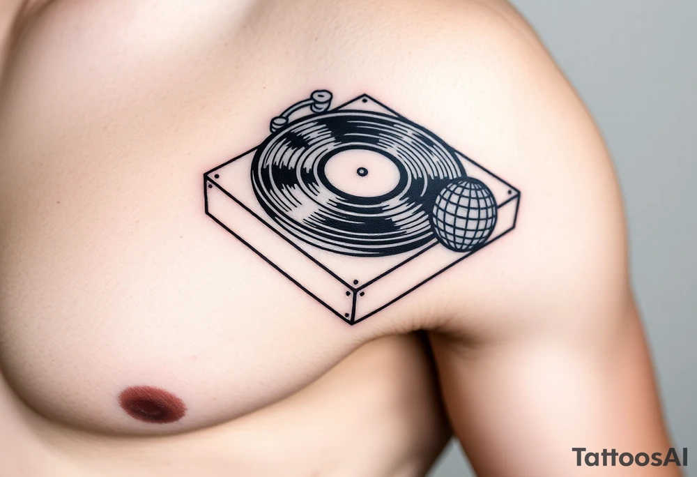 vinyl record player with a smaller disco ball to the side of it tattoo idea