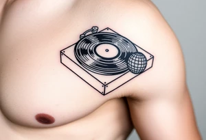 vinyl record player with a smaller disco ball to the side of it tattoo idea