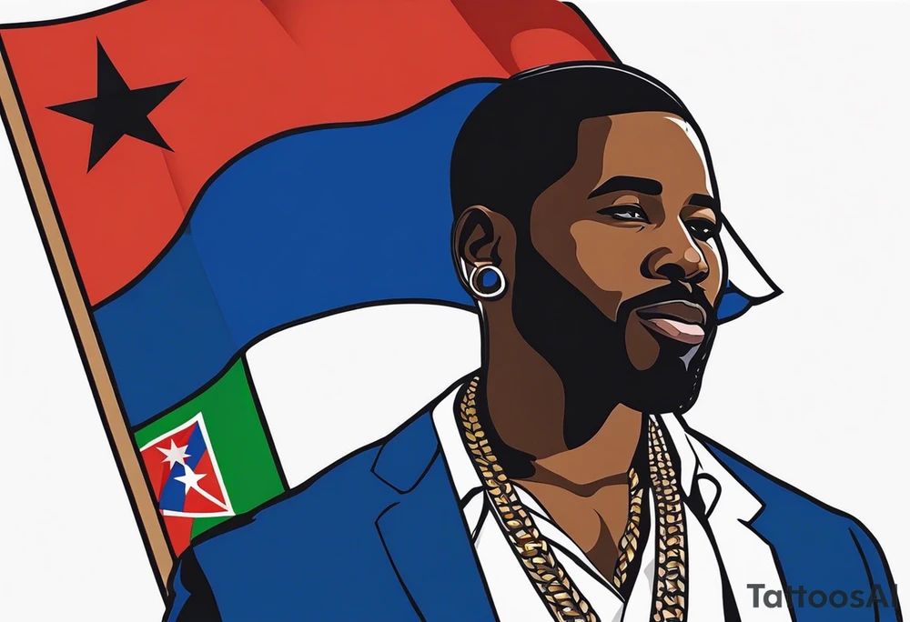 create a haitian flag theme tattoo that goes over a black mans left chest. Have it embody christian faith, salsa dancing, real estate, stoicism, and public speaking tattoo idea