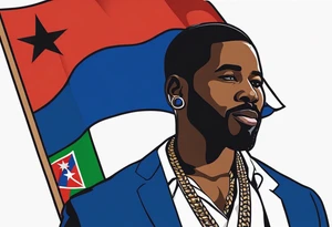 create a haitian flag theme tattoo that goes over a black mans left chest. Have it embody christian faith, salsa dancing, real estate, stoicism, and public speaking tattoo idea
