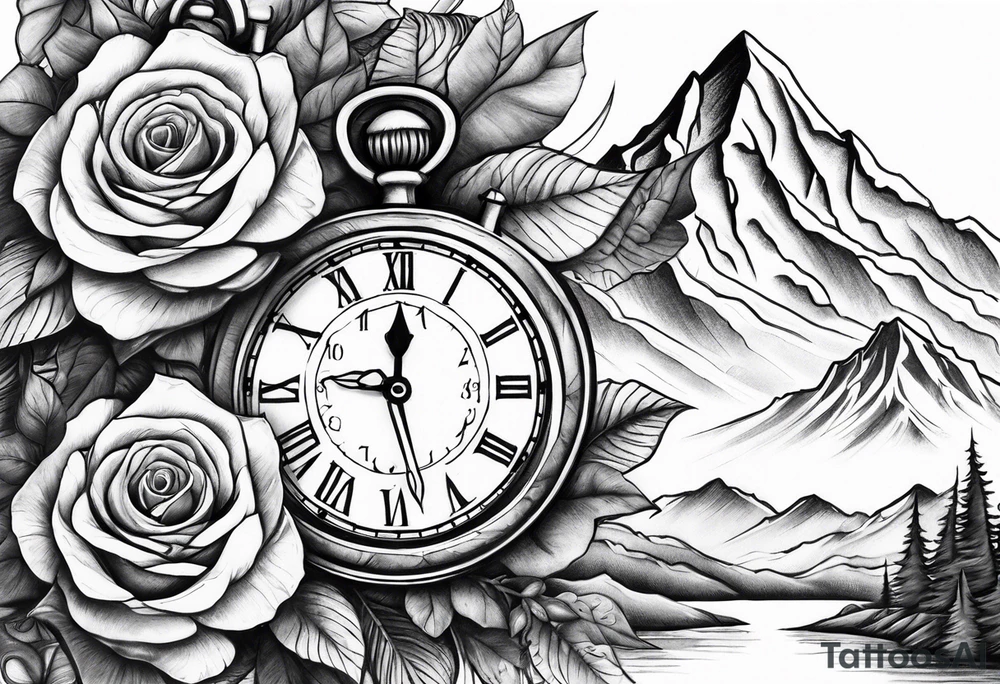 Mountains with clock with roses tattoo idea
