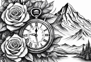 Mountains with clock with roses tattoo idea