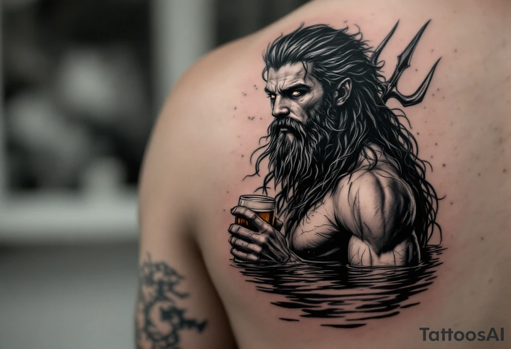 young, fit poseidon in calm water, holding a trident, holding a beer, looking in your eyes tattoo idea