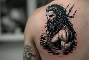 young, fit poseidon in calm water, holding a trident, holding a beer, looking in your eyes tattoo idea
