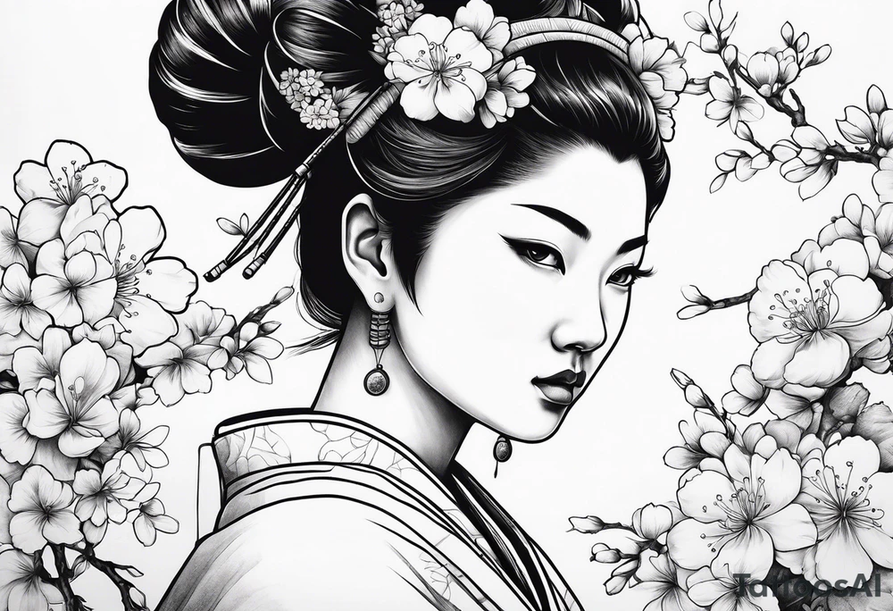 ox with sakura flowers and geisha in the background tattoo idea