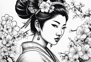 ox with sakura flowers and geisha in the background tattoo idea
