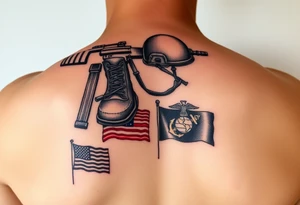 military boots, rifle, helmet memorial tattoo, with Navy and Marine corp flags in color on lower left back tattoo idea