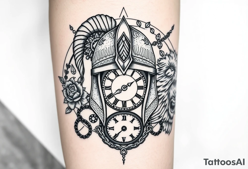 A detailed tattoo featuring a stylized warrior helmet with intricate textures and patterns. Behind it lies a shattered clock face with exposed gears and intertwined chains, symbolizing struggle with time and anxiety. Surrounding the helmet and clock are swirling smoke and wind patterns filled with fine details like leaves, feathers, and tribal motifs, representing resilience and growth. On one side, a blooming thorned rose or lotus flower symbolizes delicate strength and love. On the other side, a fierce roaring lion or wolf head embodies courage and protection. The background includes geometric shapes and dotwork to add depth and unify the design. The style combines bold linework with fine detail, dotwork, and shading for a powerful modern tattoo. tattoo idea