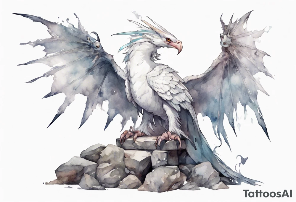 a white bird-wyvern hybrid wearing a plain iron diadem, perched on a stone throne tattoo idea