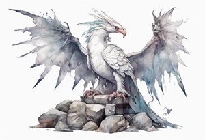 a white bird-wyvern hybrid wearing a plain iron diadem, perched on a stone throne tattoo idea