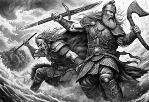 Norse mythology, ultra realism, Viking, war, battle, storm, chaos,  detailed, ragnarok, panoramic tattoo idea