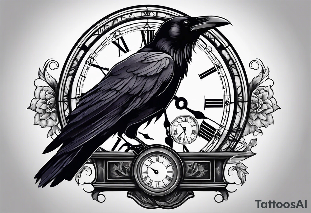 raven perched on clock tattoo idea