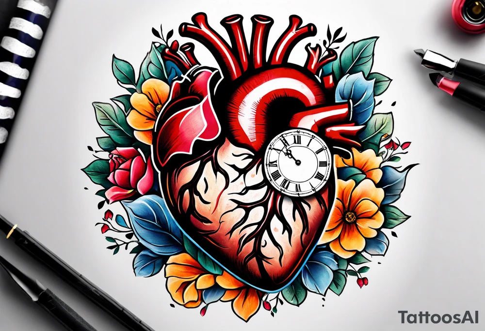 anatomical heart with clock in middle.
Clock hands on 8 and 5.
Never Say Never written on tattoo tattoo idea