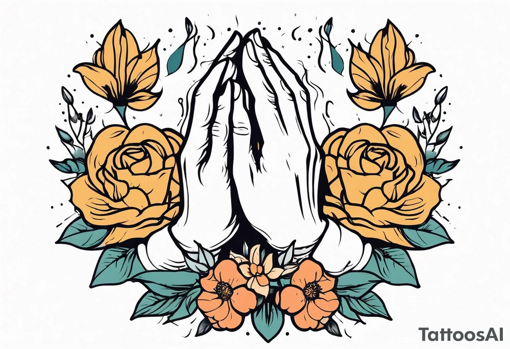 hands praying with flowers tattoo idea