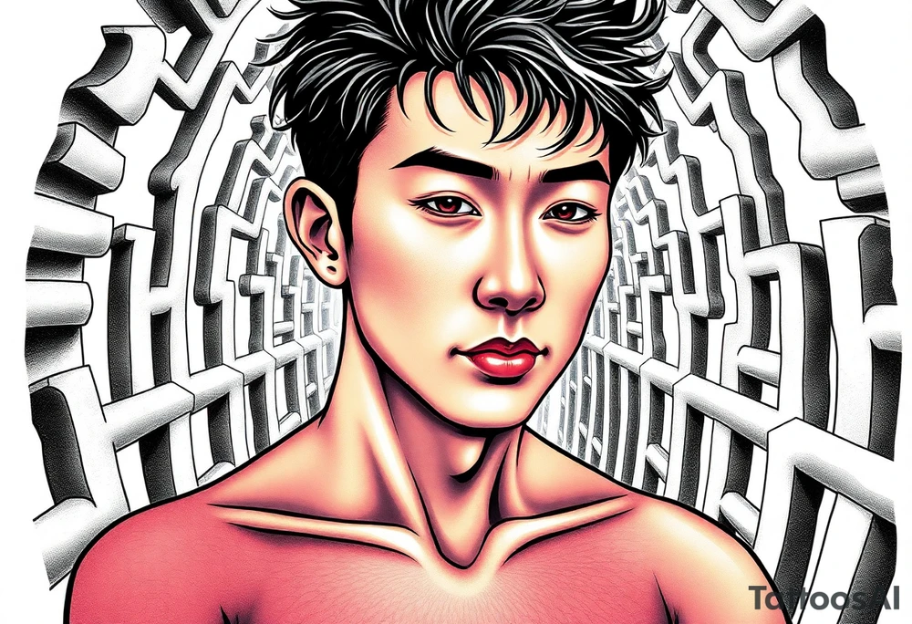 Handsome Asian young guy lost in labyrinth tattoo idea