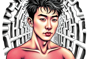 Handsome Asian young guy lost in labyrinth tattoo idea