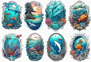 An ocean themed half sleeve with no ocean creatures tattoo idea