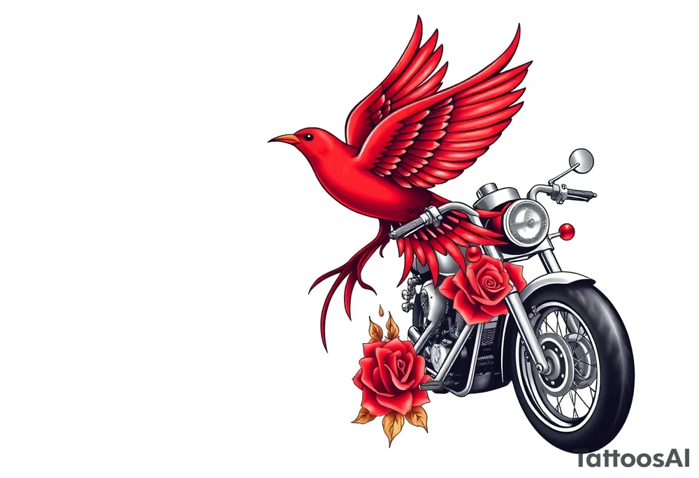 Motorcycle, red bird flying, roses and lace, flames tattoo idea