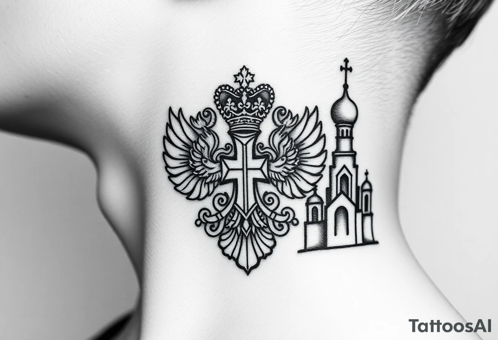 russian coat arms in a russian christian orthodox cross with the cross in the middle with a virgin mary & orthodox dome church on the side of the neck tattoo idea