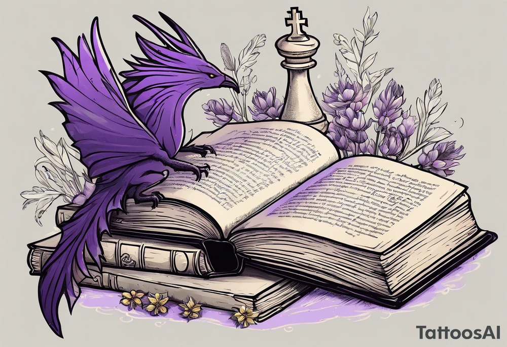an open book. Above the book, a small dragon, flies in the air. To the right, a pawn chess piece.  On the left corner of the book, a little raven perches, feathers ruffled. Below the book, a cluster of lavender flowers, with a bumblebee tattoo idea