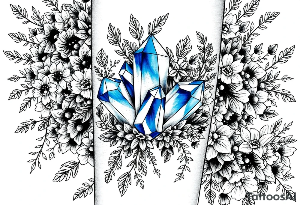 cluster of three vibrant blue crystals interwoven between foliage so that it looks like the leaves and foliage and flowers are weaving in and out and wrapping around the crystals. 

Surround these with a dense arrangement of black-and-grey foliage, flowers, and shrubs. The crystals should be faceted, standing out vividly in blue against the surrounding monochrome elements.

Integrate additional smaller crystal clusters (each with 3–4 crystals) throughout the foliage, but render these in fine black-and-grey linework so they blend naturally with the botanical elements. Use dotwork and fine shading for depth, with clean linework that balances organic foliage with the sharp geometry of the crystals.

All elements are black and grey except the main central crystal cluster, which is a striking blue. tattoo idea