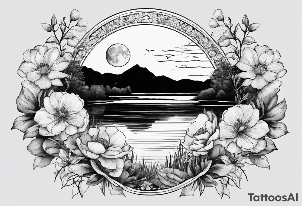 Secret, hidden garden, flowers, lake, daylight moon tattoo idea