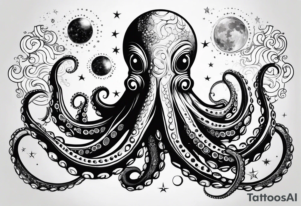 An octopus blended with celestial elements, such as stars and planets integrated into its tentacles. This can symbolize the octopus's reach and influence, connecting it to a broader universe. tattoo idea