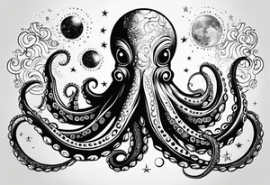 An octopus blended with celestial elements, such as stars and planets integrated into its tentacles. This can symbolize the octopus's reach and influence, connecting it to a broader universe. tattoo idea
